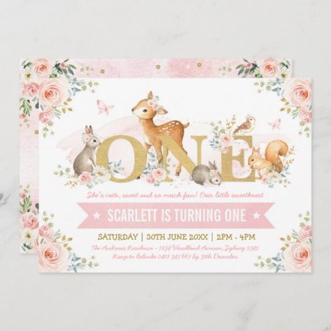 $2.92 | Woodland Animals Pink Gold Floral 1st Birthday - girl first birthday invitation, pink and gold, watercolor flowers, blush pink floral, woodland, animals, forest, girl, watercolor, woodland 1st birthday Woodland 1st Birthday, Floral 1st Birthday, Pink Gold Baby Shower, Floral Birthday Invitations, Girl Woodland, 1st Birthday Party Invitations, 30th Birthday Invitations, 1st Birthday Invitation, Birthday Invitations Girl