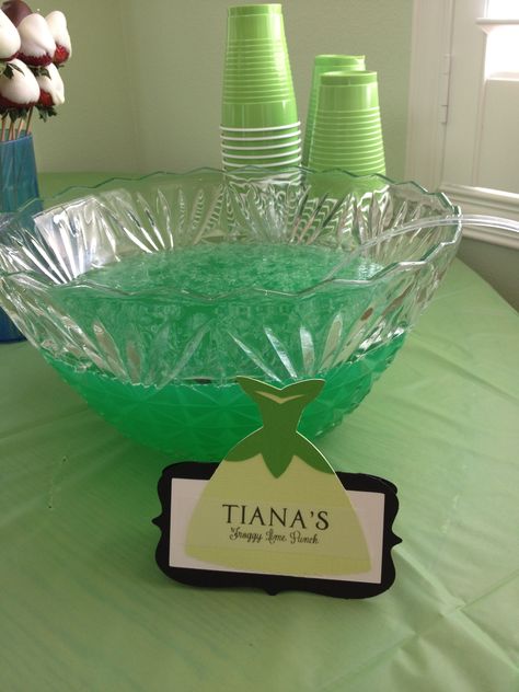 Tiana's Froggy Green Punch.  Menu for a Disney Princess Bridal Shower We threw for my friend. Table tents made with the circut. Tiana Food Ideas, Disney Princess Themed Bridal Shower Ideas, Princess And The Frog Bridal Shower Ideas, Princess Tiana Party Food, Princess Tiana Birthday Party Food, Princess And The Frog Party Games, Princess And The Frog Treat Table, Princess And The Frog Themed Food, Princess Tiana Party Decorations