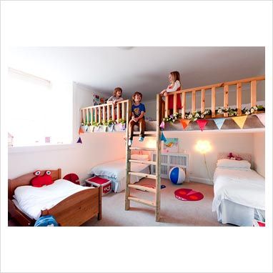 loft play area doubles floor space Loft Bed For Three Kids, Garage Loft For Kids, Play Area Above Bed, Loft Bed Play Area On Top, Play Loft Over Bed, Loft Play Area Over Bed, Diy Loft Play Area, Lofted Play Space, Bed With Loft Above