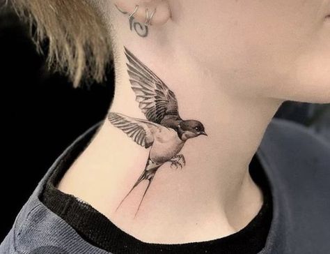 Swallow Neck Tattoo, Swallow Tattoo Meaning, Bird Tattoo Neck, Swallow Tattoo Design, Tattoo On Neck, Best Neck Tattoos, Vogel Tattoo, Side Neck Tattoo, Sparrow Tattoo