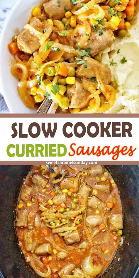 Slow Cooker Curried Sausages make for a great family dinner recipe! Throw everything into the crock pot then set and forget letting dinner cook itself. Making curried sausages in the slow cooker is the sure fire way to use minimal effort to create nostalgic comfort food at its finest. @sweetcaramelsunday Sausage Slow Cooker, Crockpot Chicken Dinners, Curried Sausages, Slow Cooker Curry, Family Dinner Recipe, Family Friendly Dinners, Slow Cooker Dinner, Family Dinner Recipes, Slow Cooker Soup