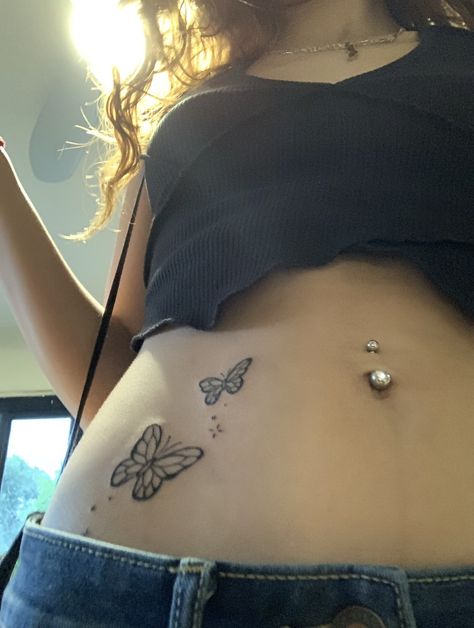 Stomach Tattoos Women Butterfly, Butterfly Tattoo Belly Side, Belly Tattoos For Women Stomach Small, Waist Tattoos Butterfly, Butterfly Tattoo Stomach For Women, Front Waist Tattoo, Butterfly Chandelier Tattoo, Butterfly Waistline Tattoo, Butterfly Tummy Tattoo