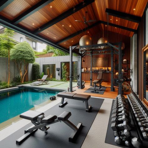 Create an Outdoor Gym with Pool in Your Home #HomeGym #GymDesign #PoolDesign Epic Home Gym, Gym Pool House, Elegant Home Gym, All Black Home Gym, Home Gym With Pool, Gym In The House, House Gym Room, Patio Gym Ideas, Gym With Pool