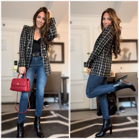 How To Wear A Tweed Blazer, White Plaid Blazer Outfit, Black Plaid Blazer Outfit, Black Tweed Blazer Outfit, Black Tweed Jacket Outfit, Tweed Blazer Outfit, City Clothes, Plaid Blazer Outfit, Tweed Jacket Outfit