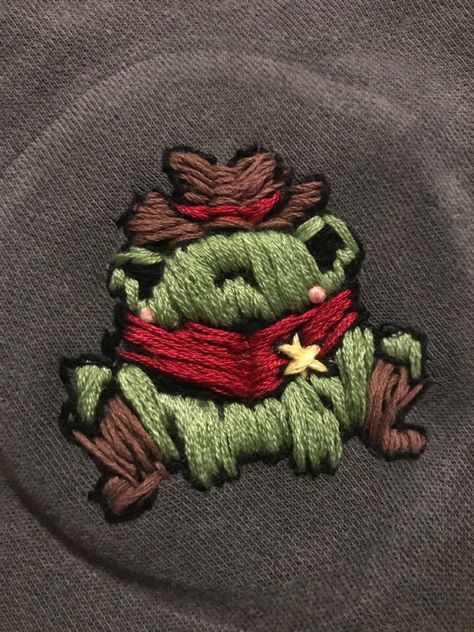 Embroidered Frog Simple, Masculine Embroidery Designs, Silly Embroidery, Cowboy Hat Embroidery, Embroidered Frog, Frog Embroidery, I Need A Hobby, Prince Dragon, Funny Embroidery