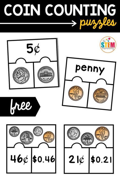 These coin counting puzzles make the perfect math center activity! Kids will practice addition skills as well by adding up multiple coins on some puzzle pieces. Math puzzles are so engaging and kids will choose this game again and again. #moneymath #coins #mathcenters Coins Kindergarten, Teaching Coins, Money Kindergarten, Free Math Centers, Fall Math Centers, Free Math Printables, Counting Puzzles, Counting Coins, Money Math