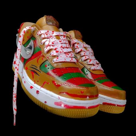 Introducing Freddy Af1- a handcrafted Air Force 1 inspired by the infamous Freddy Krueger. This shoe features unique details, including leather glove. leather and chilling claw marks. Perfect for horror fans looking to add a dose of creepy to their sneaker collection. Read before purchasing  This is a service to customize a shoe with engraving, which costs a specified amount that includes materials and artist time. Price listed includes the cost of the Air Force One needed to [produce the art piece.  The AF1 is purchased from Nike.com or Third-Party with collaboration of Nike. The available sizes are 3.5-15 US, and the turn-around time is 4-6 weeks from purchase. Sneaker Head Men, Shoe Goals, Claw Marks, Custom Sneakers Diy, White Air Forces, Custom Shoes Diy, Air Shoes, Halloween Custom, Air Force 1 Custom