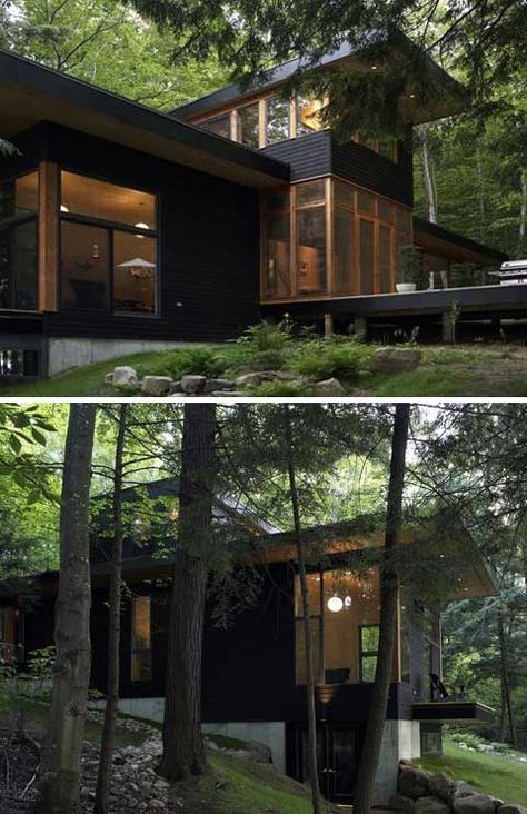 Family cottage on Lake Muskoka, Ontario, by Altius Architecture Small Wooden House Design, Pergola Area, Small Cabin Designs, Muskoka Ontario, Lake Muskoka, Modern Cabins, Landscape House, Family Cottage, Cabin Designs