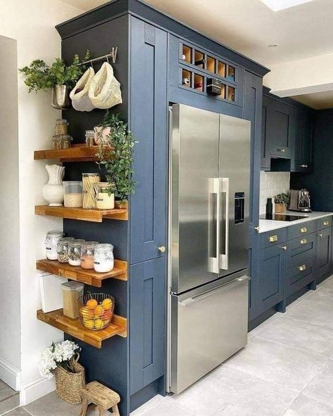 Awkward Space Kitchen, Stove Next To Refrigerator Layout, Kitchen Island With Support Post Brick, Open Shelves At End Of Kitchen Cabinets, Painted Kitchen Cabinets Apartment, Kitchen Cabinets On One Wall, Side Of Cabinet Ideas Kitchen, Shelves Around Refrigerator, Artistic Kitchen Design