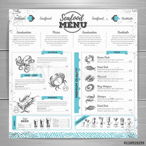 Vintage seafood menu design. Seafood Restaurant Menu Design, Sea Food Menu Design, Seafood Menu Design, Moody Interior Design, Menu Design Inspiration, Seafood Cocktail, Seafood Menu, Italian Menu, Menue Design