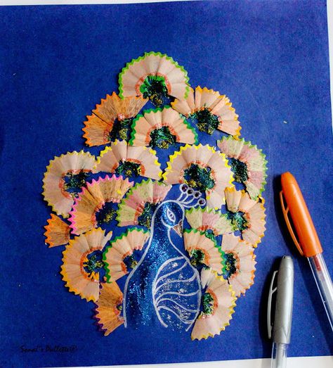 Sonal's Pallette: Peacock Decor - from pencil shavings Pencil Shaving Cards, Pencil Shavings Craft, Pencil Shaving Art Creative, Pencil Sharpener Waste Art, Pencil Waste Craft, Peacock Art For Kids, Pencil Shaving Art For Kids, Pencil Shaving Art, Waste Art