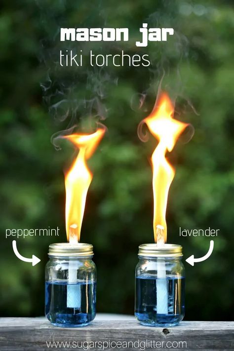 Tiki Torches Diy, Torches Diy, Peppermint Scent, Diy Mason Jar, Patio Party, Tiki Torches, Bug Spray, Bug Repellent, Jar Diy