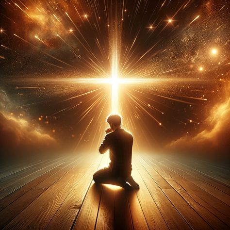 A conceptual image representing the theme of forgiveness and grace within Christianity. Visualize a person kneeling in prayer, bathed in warm, celestial light, symbolizing divine forgiveness and purification from sin. In the background, a subtle cross radiates a soft glow, emphasizing the Christian belief in redemption through Jesus Christ. This image should convey a sense of peace, hope, and... Hope Pictures Art, Prayer Background Images, Prayer Background, Person Kneeling, Getting Closer To God, Grace Wallpaper, Heavenly Art, Church Background, Christian Background Images