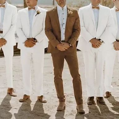 Khaki Men's Wedding Party / Evening Groomsmen Suits Solid Colored 2 Piece Tailored Fit Single Breasted Two-buttons 2024 Check more at https://beautyfashionideas.com/bridal/khaki-mens-wedding-party-evening-groomsmen-suits-solid-colored-2-piece-tailored-fit-single-breasted-two-buttons-2024/ Groom And Groomsmen Attire Khaki, Black Suit Tan Tie, Mens Wedding Attire Groom, Fall Suits For Men Wedding, Tan Tux Wedding, Boho Wedding Mens Attire, Fall Wedding Mens Attire, Western Wedding Groomsmen Attire, Khaki Groomsmen Attire