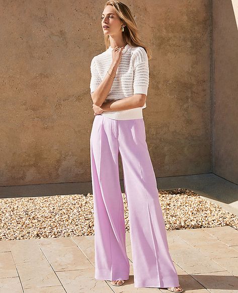 Our pleated wide leg pant is a modern must-have, with a perfect drape and high waist that endlessly flatters. Front zip with double hook-and-bar closure. Belt loops. Front pleats. Front off-seam pockets. Back besom pockets.,Leg Shape:Leg Shape: Wide Leg – a modern must-have with a statement leg and flattering high waist,Rise:High rise: sits 1/2" to 1" below natural waist,Imported:Imported,Fit:Fit: Relaxed & easy,Length:Full length: 31" inseam with 26" leg opening,Fabrication:55% Linen, 43% Viscose, 2% Spandex,Garment Care:Machine Washable The Single Pleated Wide Leg Pant in Linen Blend by Ann Taylor Size regular - 16 Crisp Lilac Women's Linen, Blend, Regular, Wide, Leg, Pants, 55%, Linen, 43%, Viscose, 2%, Spandex, Machine, Washable Light Pink Wide Leg Pants Outfit, Purple Linen Pants Outfit, Lilac Pants Outfit Color Combos, Light Purple Pants Outfit, Lavender Outfits For Women, Lilac Pants Outfit, Lilac Outfits, Linen Pant Set, Purple Pants Outfit