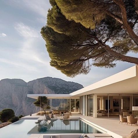 Interior  Home  Design on Instagram: "Luxurious villa , Mediterranean sea , Minimalist architecture , Ai powered by @khaled_sadeden_design on #midjourney  @interior_home_design1  . . . . . . . . #villa #homedecor #homedesign #house #luxuryhomes #travel  #architecture #design #architect #archdaily #archilover #architecturephotography #medditeranean #sea #hotel #villa #travel #holiday #interiordesign #photography #white #luxury" Bali Mediterranean Villa, Mediterranean Seaside Villa, Mediterranean Architecture Italian Villa, Mediterranean Hotel Architecture, Minimal Villa, Villa Spain, Villa By The Sea, Luxurious Villa, Interior Home Design