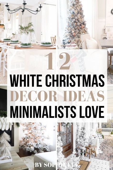 Completely obsessed with these white Christmas decor ideas! Can't wait to use them in my apartment this year! White Out Christmas Decor, White Monochromatic Christmas Tree, Gold And White Xmas Decorations, Xmas White Decorations, Simple White Christmas Tree Ideas, White Winter Christmas Decor, Good And White Christmas Decor, White Living Room Christmas Decor, White Ornament Tree