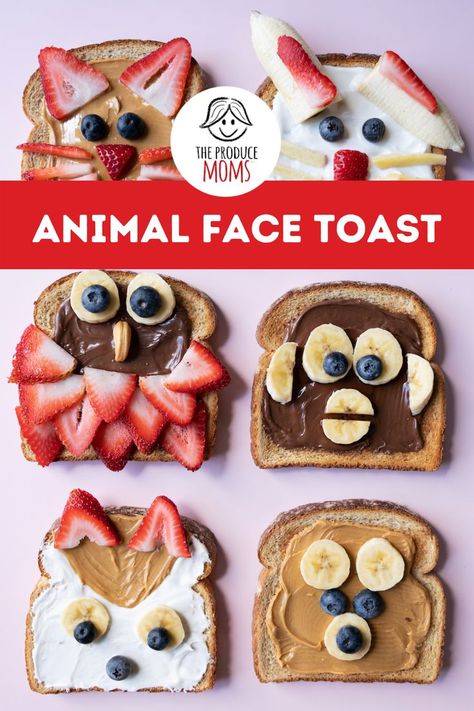 image of 9 slices of toast with different animal faces on each one. Animal Toast Faces, Animal Toast, Animal Bread, Animal Shaped Foods, Fruit Whip, Fruit Toast, Food Shapes, Fruits For Kids, Preschool Snacks