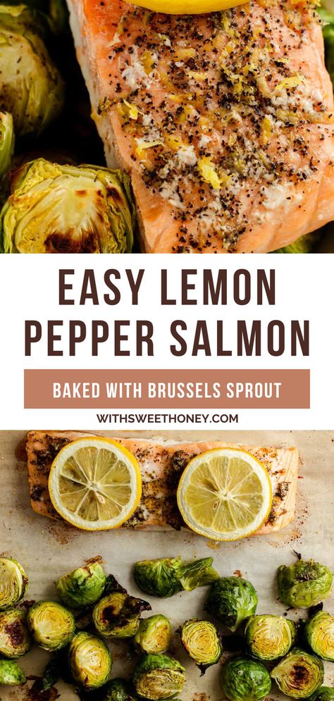 This baked lemon pepper salmon with Brussels sprouts is a healthy one pan meal that can be made in under 20 minutes! Ingredients include delicious salmon fillets, fresh lemon, and tasty Brussels sprouts. It's also dairy free, gluten free, Whole30, Paleo, and SCD friendly. Baked Brussel Sprouts, Lemon Pepper Salmon, One Pan Meal, Frozen Salmon, Lemon Salmon, Plant Based Dinner, Dairy Free Gluten Free, Lemon Pepper Seasoning, Sprout Recipes