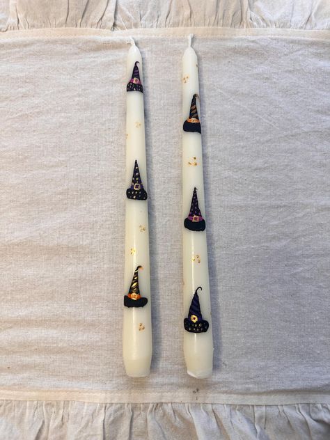 Set of 2 Hand Painted Halloween Candle Taper Candles Witches Hats Halloween Halloween Decor, Halloween gifts uniqle, table decor, fall taper Hand Painted Halloween Candles, Halloween Candle Painting, Candles Witches, Witch Aesthetics, Halloween Candlesticks, Candle Painting, Halloween Charcuterie, Hand Painted Halloween, Witches Hats