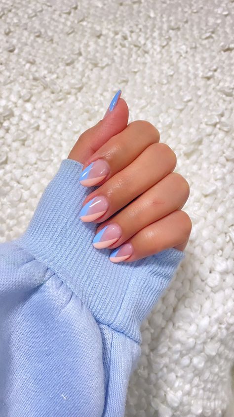 Pastel Blue Summer Nails, Blue And Pink Gel Nails Ideas, Pale Blue And Pink Nails, Almond Nails Blue And Pink, Classy Gender Reveal Nails, Pink And Blue Nail Designs Ideas, Peach And Light Blue Nails, Periwinkle And Pink Nails, Peach Blue Nails