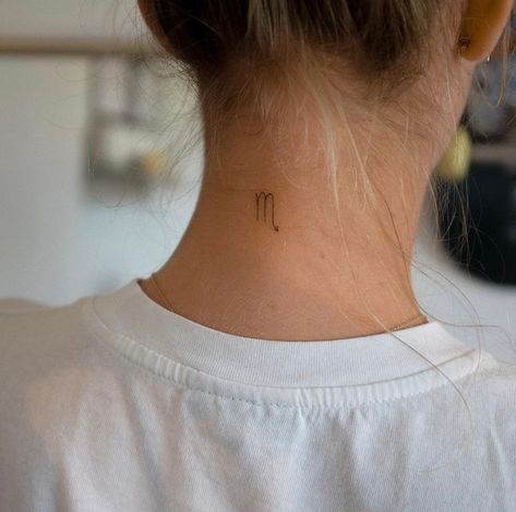 Scorpio Cute Tattoo, Scorpio Tattoo Glyph, Tiny Scorpio Sign Tattoo, Scorpio Tattoo On Neck, Scorpio Tattoo Behind The Ear, Minimalistic Scorpion Tattoo, Star Sign Tattoos Scorpio, M Scorpio Tattoo, Elegant Scorpio Tattoo