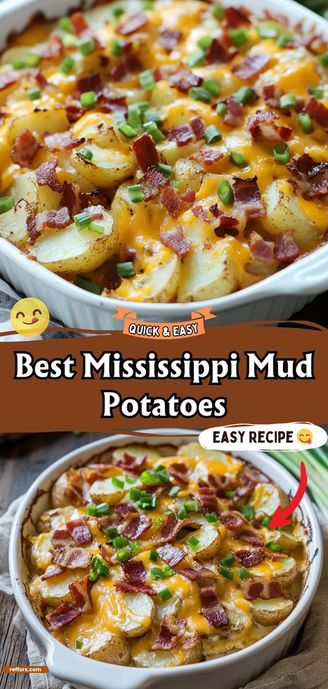 Elevate your potato game with these Best Mississippi Mud Potatoes. Cheesy, creamy, and packed with flavor, they're a must-try for any gathering. #MississippiMud #CheesyPotatoes #ComfortFood Mountain Dew Potatoes, Must Know Recipes, Recipe With Potatoes Easy, Easy Dinner With Potatoes, Potato Vegetable Casserole, Mississippi Mud Potatoes, Potato Dishes Easy, Loaded Potato Casserole, Fried Okra