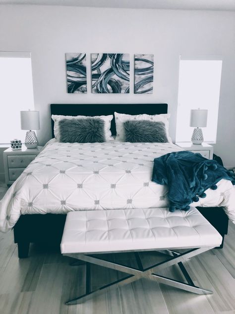 Gray and white bedroom with teal Teal And Grey Bedroom Decor, White And Teal Bedding, Dark Teal And Gray Bedroom, Teal Blue And Grey Bedroom, Dark Teal And White Bedroom, Bedroom Ideas Teal And Grey, Farmhouse Teal Bedroom, Teal Themed Bedroom, Teal White And Grey Bedroom