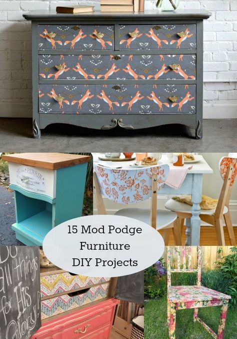 Ever tried Mod Podging furniture? It's a great way to upcycle a piece on a budget! Check out these 15 decoupage furniture projects to get started. Midge Lodge Furniture, Fabric On Furniture Mod Podge, Decoupage End Table Ideas, Fancy Dresser, Diy Decoupage Furniture, Mod Podge Furniture, Decoupage Chair, Sewing Station, Furniture Upcycling