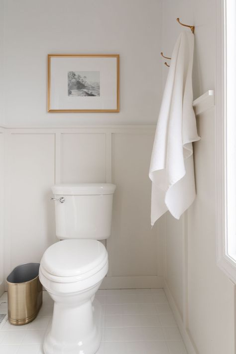 Wainscoting Ideas Bathroom Small Spaces, All White Board And Batten Wall, Small Space Board And Batten, Bored And Batten Walls Bathroom, Board And Batten Wall Neutral, Decorative Board And Batten Wall, Full Wall Board And Batten Bathroom, Bathroom With Trim On Walls, B Board Walls Bathroom