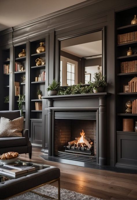 25 Fireplace Accent Wall Ideas to Create the Ultimate Cozy Corner Study With Fireplace Bookshelves, Faux Fireplace Wall With Bookshelves, Shelf Fireplace Ideas, Windows On Sides Of Fireplace, Black Traditional Fireplace, Brown Painted Built Ins, Dark Wall With Fireplace, Dark Built Ins Fireplace, Fireplace Painted Same Colour As Walls