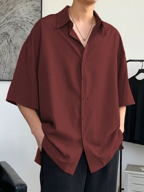 Best Shirts For Men Casual, Oversized Button Down Shirt Outfit Men, Male Button Up Shirt Outfit, Maroon Button Up Shirt Men Outfit, Drop Shoulder Shirt Men, Elegant Mens Fashion, Button Up Men Aesthetic, Male Clothing Styles Casual, Button Down Men Outfits