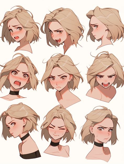 Anime Expression Sheet, Surprised Pose Reference Drawing, Face Studies Drawing, Emotions Drawing Reference, Character Looking Up, Short Hairstyle Women Drawing, Hair Reference Female, Face Expressions Reference, Hairstyle Drawing Reference