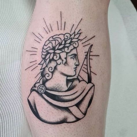 Apollo Themed Tattoo, Greek Mythology Tattoos Traditional, Apollo Tattoo Greek God, Apollo Tattoos, Apollo Tattoo Design, Chalice Tattoo, Apollo Tattoo, Greek Tattoo, Greek God Tattoo