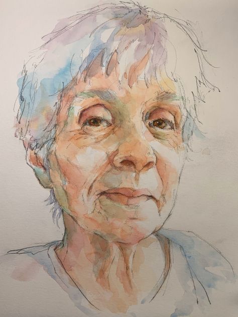 Pam Wenger Watercolors, Good Sketching Ideas, Painting Faces Watercolor, Watercolour Portrait Easy, Portraits In Watercolor, Watercolor Of People, Line And Wash Portrait, Watercolor Pencil Portrait, Water Colour People