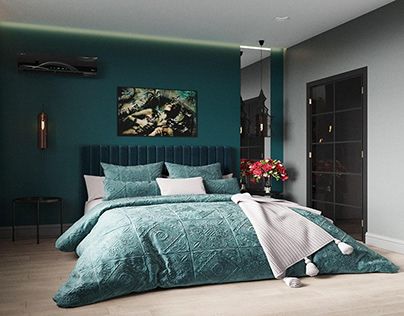 Bedroom Peacock Colors, Teal Feature Wall Bedroom, Blue Headboard Bedroom Color Combos, Teal Headboard Bedroom, Teal Wall Bedroom, Teal Accent Wall Bedroom, Teal Bedroom Color Schemes, Turquoise Interior Design, Teal Bedroom Designs