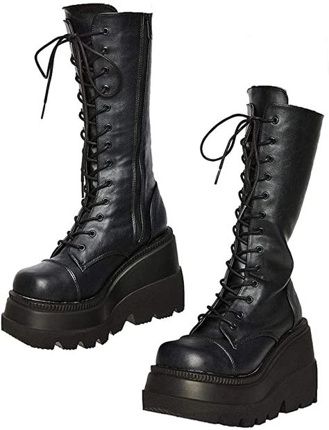 Amazon.com | Womens High Platform Mid Calf Wedges Chunky High Heel Round-Toe Side Zip Punk Combat Boots For Women | Mid-Calf Combat Boots For Women, Ladies Long Boots, Demonia Boots, Goth Boots, Goth Shoes, Dr Shoes, Chunky High Heels, New Rock, Estilo Punk