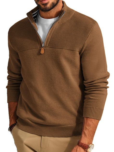 PRICES MAY VARY. 【Material】These mens quarter zip sweaters are made from high quality fabric, which brings you a soft, warm and comfortable wearing experience in cooler days. 【Design】This mens pullover sweater features a classic quarter zip designed, mock neck, slim fit, solid color, long sleeve, ribbed cuffs and hem. 【Collocation】You can wear this mens 1/4 zip sweater alone as a outwear and match it with stylish jeans for the fashion look; or you can match this polo sweater with casual pants an Men's Casual Style Fall, Beige Sweater Outfit Men, Mens Fall Fashion Casual, Men’s Fall Fashion 2024, Men’s Gifts, Mens Fall Fashion, Mens Quarter Zip Sweater, Husband Clothes, Mens Knit Sweater