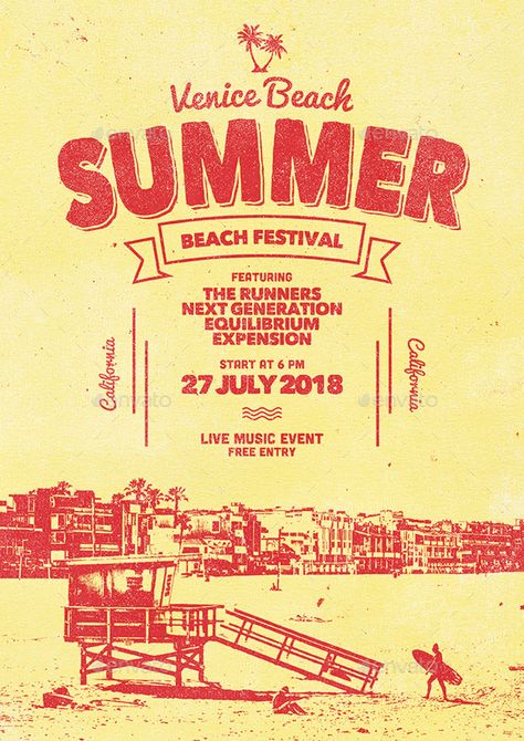 Beach Music Festival Poster, Community Flyer Design, Summer Concert Poster, Cool Event Posters, Beach Festival Poster, Summer Party Poster Design, Vintage Event Poster, Summer Event Poster, Festival Lineup Poster