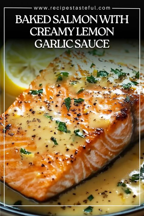 This Baked Salmon with Creamy Lemon Garlic Sauce is a delightful and flavorful dish featuring tender salmon fillets topped with a rich, creamy sauce. Perfect for an elegant dinner or a quick weeknight meal! Sauce For Grilled Salmon, Lemon Sauce For Fish, Steamed Salmon Recipes, Lemon Sauce For Salmon, Creamy Lemon Garlic Sauce, Sauces For Salmon, Salmon Sauce Recipes, Lemon Salmon Recipes, Broiled Salmon Recipes