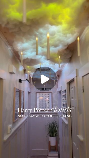 Shavonne Flegel on Instagram: "The Viral Harry Potter Cloud Ceiling, without using staples and nails! ⚡️   We are in love with this magical vibe! 😍 What do you think?  ✨ Follow Once Upon a Bungalow for more Home & DIY!   #harrypotter #harrypottertiktok #cloud #cloudceiling #cloudceilingtutorial #tutorial #diycloud #clouds #hogwarts #halloween #halloweencrafts #halloweendecor #halloweendecorations #pumpkinseason #hogwartslegacy #hogwartsismyhome #hogwartsprofessors #gryffindor #slytherin #hufflepuff #ravenclaw #harrypotterhouses #crafty #crafts #diyproject" Harry Potter Enchanted Ceiling, Harry Potter Lights From Ceiling, Halloween Ceiling Decorations Diy, Halloween Cloud Ceiling, Harry Potter Kids Room Ideas, Hogwarts Ceiling Diy, Harry Potter Great Hall Ceiling Diy, Diy Harry Potter Ceiling, How To Make A Cloud Ceiling