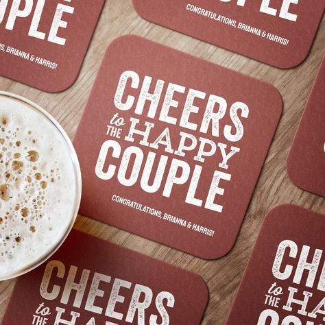 Cheers to the happy couple brick red wedding square paper coaster Brewery Welcome Party, Bridal Shower Brewery, Brewery Rehearsal Dinner Decorations, Brewery Engagement Party, Brewery Rehearsal Dinner, Beer Party Theme, Brewery Wedding, Beer Theme, Beer Party