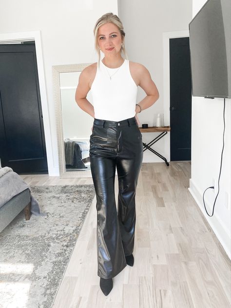 Black leather pants with white bodysuit and pointed toe booties Patent Leather Pants, Leather Pants Outfit, Black Leather Pants, Pants White, White Bodysuit, White Tank Top, Pants Outfit, Patent Leather, Leather Pants