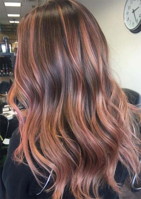 52 Charming Rose Gold Hair Colors to Try in 2022 - Glowsly Dark Brown Hair Rose Gold Balayage, Dimensional Rose Gold Hair, Medium Brown Hair With Rose Gold Highlights, Ash Brown Hair With Rose Gold Highlights, Hair Color Ideas For Brunettes Covering Grey, Brunette Hair With Rose Gold Highlights, Blush Highlights Hair Brunette, Hair Idea For Brunettes, Black Hair Rose Gold Highlights