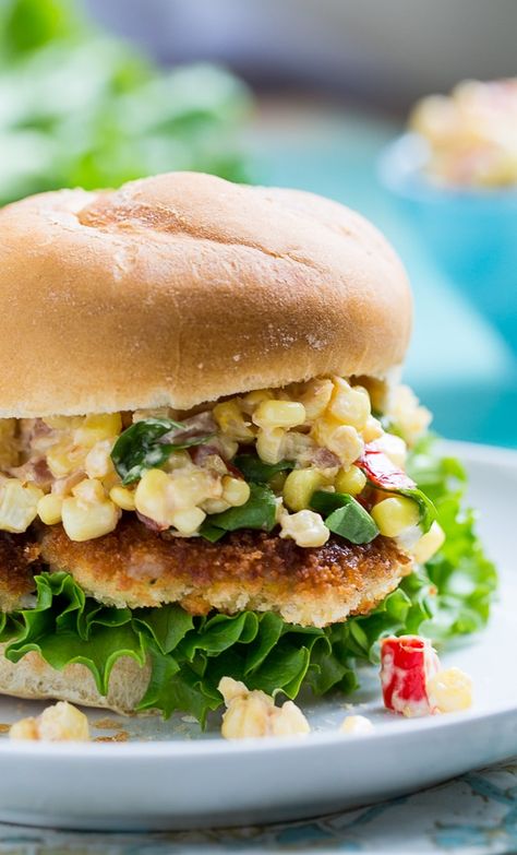 Indiana Pork Tenderloin Sandwich with creamy corn relish Tenderloin Sandwich, Fried Pork Tenderloin, Pork Sandwich Recipes, Pork Tenderloin Sandwich, Spicy Southern Kitchen, Pork Entrees, Corn Relish, Southern Kitchen, Creamy Corn