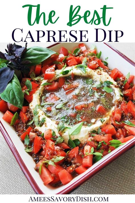 This Caprese dip is so good, you may not save any room for dinner!  Fresh tomatoes and basil, plus two kinds of cheese, drizzled with balsamic vinaigrette. You'll love this healthy dip recipe! #capresedip #caprese #easyappetizers #summerappetizer #capreseappetizer #appetizerrecipe Outdoor Appetizers For A Crowd, Caprese Dip Recipe, Caprese Dip, Caprese Appetizer, Healthy Dip Recipes, Appetizers Easy Dips, Healthy Dip, Dinner Fresh, Caprese Recipes