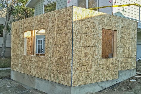 Foundation and first floor of home addition framed and covered with OSB Home Extension Ideas Room Additions, Kitchen Bump Out, Lofted Barn Cabin, Home Addition Plans, Building An Addition, Add A Room, Bedroom Addition, Sunroom Addition, Bump Out