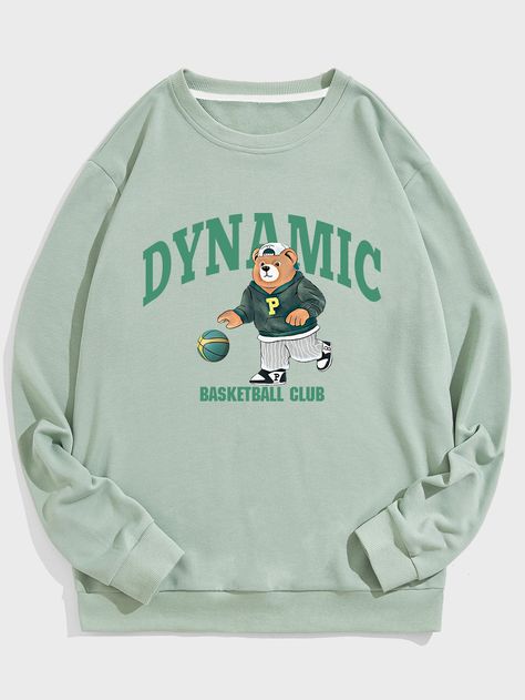 Mint Green Casual  Long Sleeve Polyester Cartoon,Letter Pullovers Embellished Slight Stretch Spring/Fall Men Hoodies & Sweatshirts Sweater Graphic Design, Sweater Graphic, Men Sweatshirts, Men Hoodies, Bear Outfits, Cartoon Letters, Boys Shirts, Toddler Boys, Mint Green