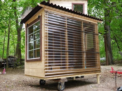 Adorably Tiny Study Cabin Was Built for $400 Using Recycled and Salvaged Materials | Inhabitat New York City Shed Tiny Houses, Shed On Wheels, Inexpensive Cabin, Micro Cabin, Backyard Studio, Cubby House, Sun Porch, Micro House, Covered Decks