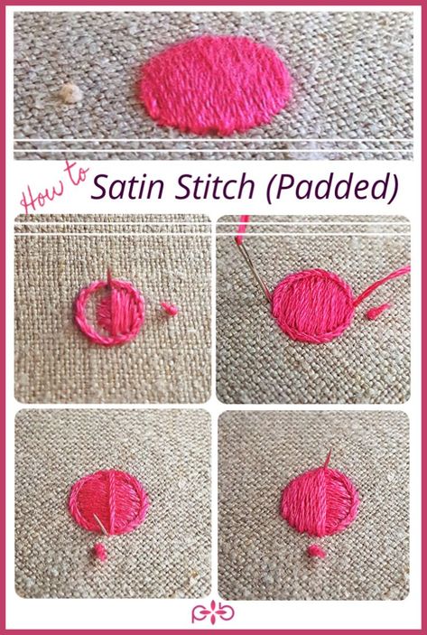 How To Satin Stitch (Padded) | polkadots & blooms | A step by step tutorial how to satin stitch with padding | #satinstitch #handembroidery #embroiderytutorial Padded Stitch Embroidery, Hand Embroidery Patterns Flowers, Basic Embroidery Stitches, Embroidery Stitches Tutorial, Types Of Embroidery, 자수 디자인, Hand Embroidery Stitches, Satin Stitch, Hand Embroidery Patterns